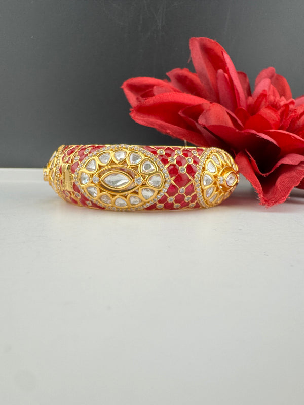 Pchhi Kundan, Moissanite Kundan, CZ Openable Broad Bracelet Bangle, Gold Polish (Fits 2.6" wrists) (Copy)