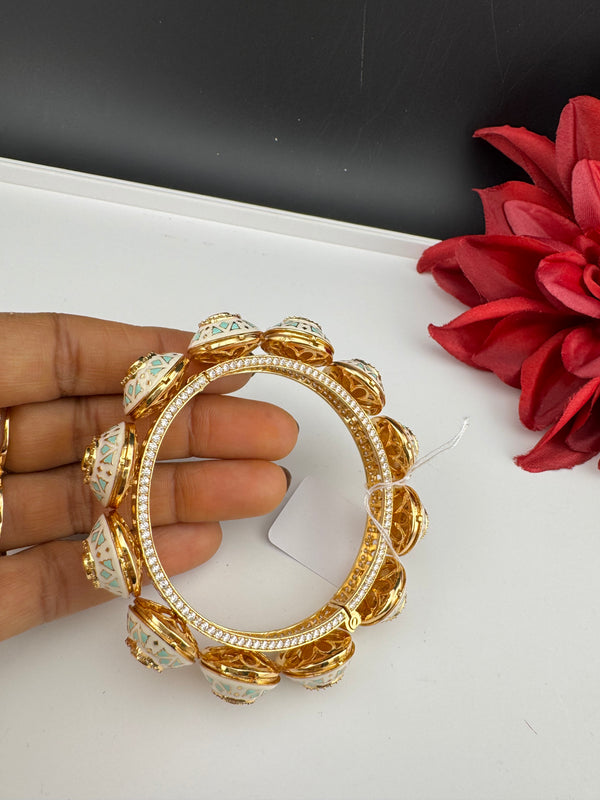 Moissanite Kundan, Enamel, CZ Rajwadi Pacheli Bracelet Bangle Kada, Gold Polish(fits 2.6" wrists)