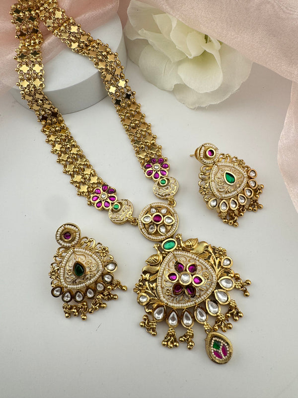 Rajwadi Kundan Enamel Pearl Gold Necklace Set, Indian Bridal Rani Haar