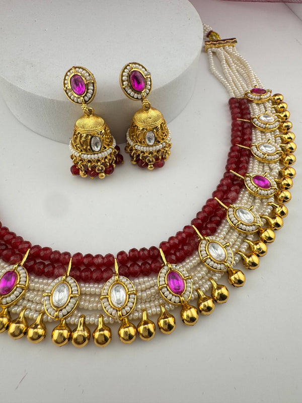 Rajwadi kundan Pearls Gold necklace set with jhumka, Indian Bridal Jewelry set
