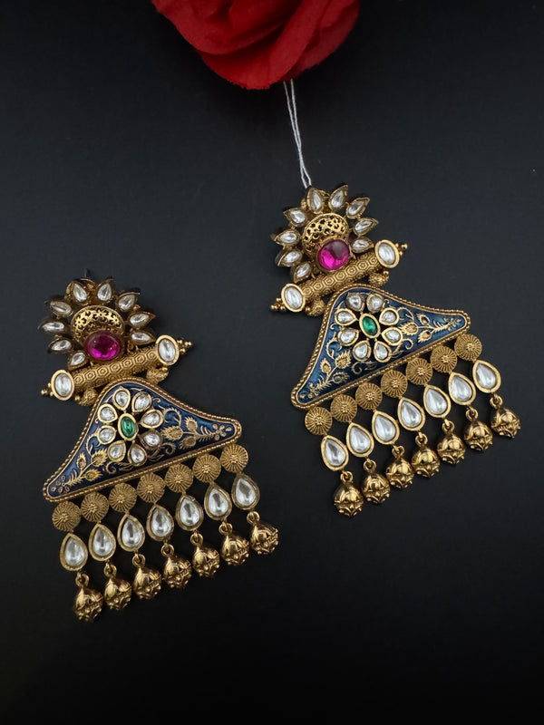 Amrapali inspired Matt Gold, kundan, Enamel, Oversized ChandBali long Earrings, designer jewelry