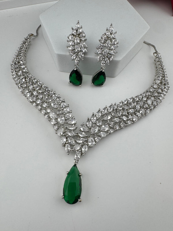 CZ Diamond Statement Necklace Set, White Gold Plated Choker