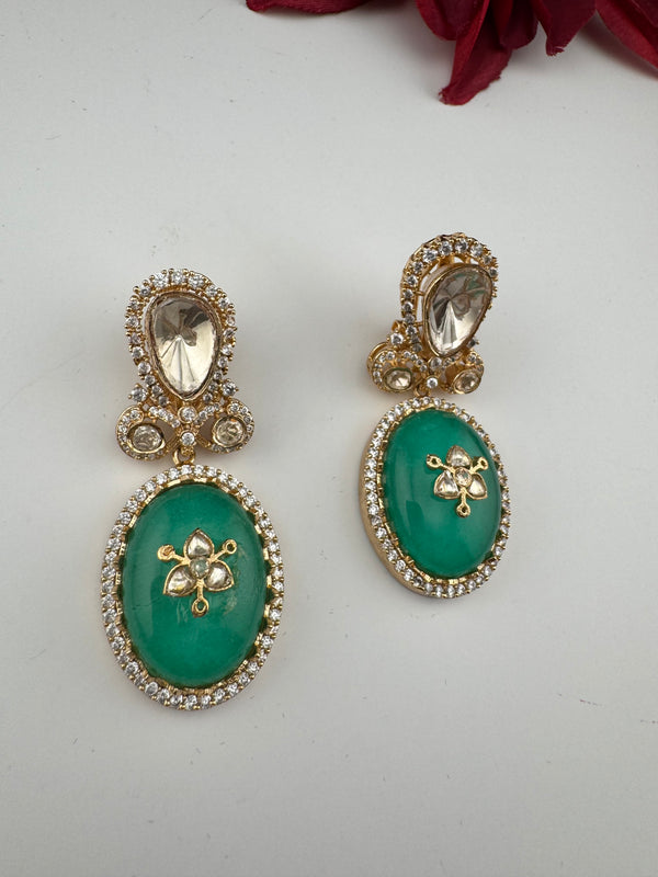 Green and Gold Kundan, Doublet Stone Chandelier Drop Earrings, Bridal, Moissanite, CZ, Designer jewelry