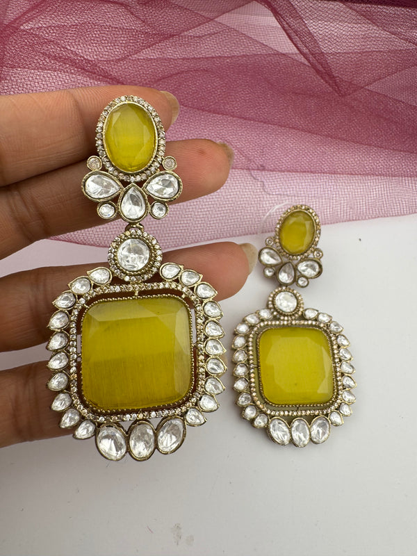 Gold with Yellow Doublet stone, kundan, cubic zirconia chandbali Drop earrings, Indian Jewelry