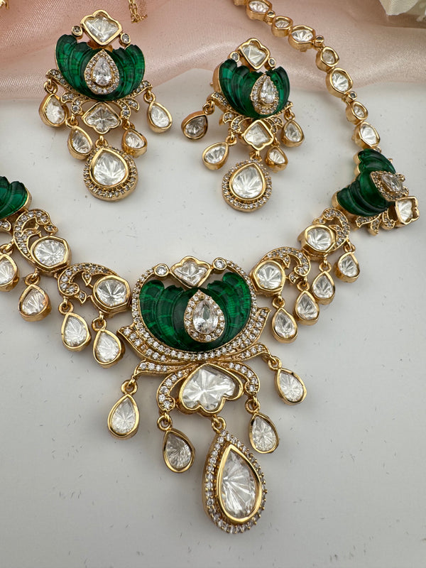 Kundan, Moissanite, MOP, CZ Flexible Gold necklace set, Indian Bridal Jewelry