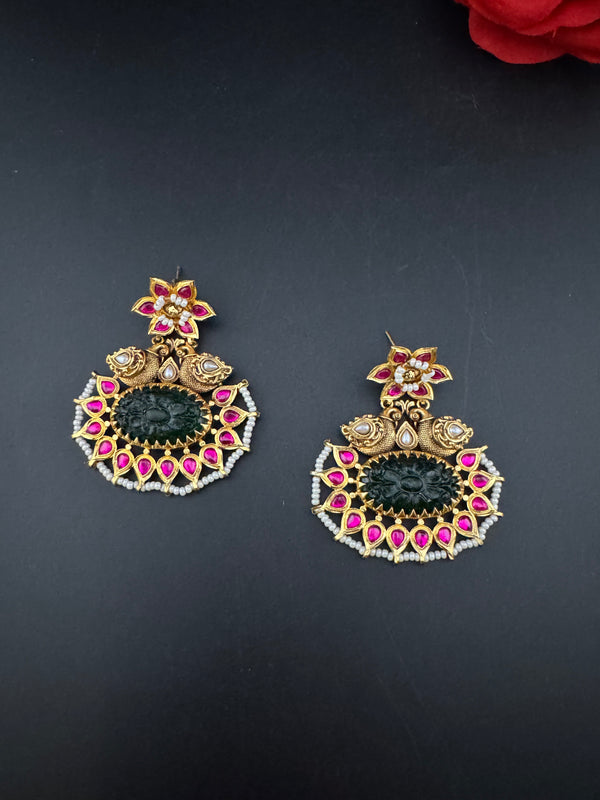 Gold and Green Carved stone, pacchi Kundan, Pearls Chandelier Chandbali Earrings, Bridal Designer jewelry