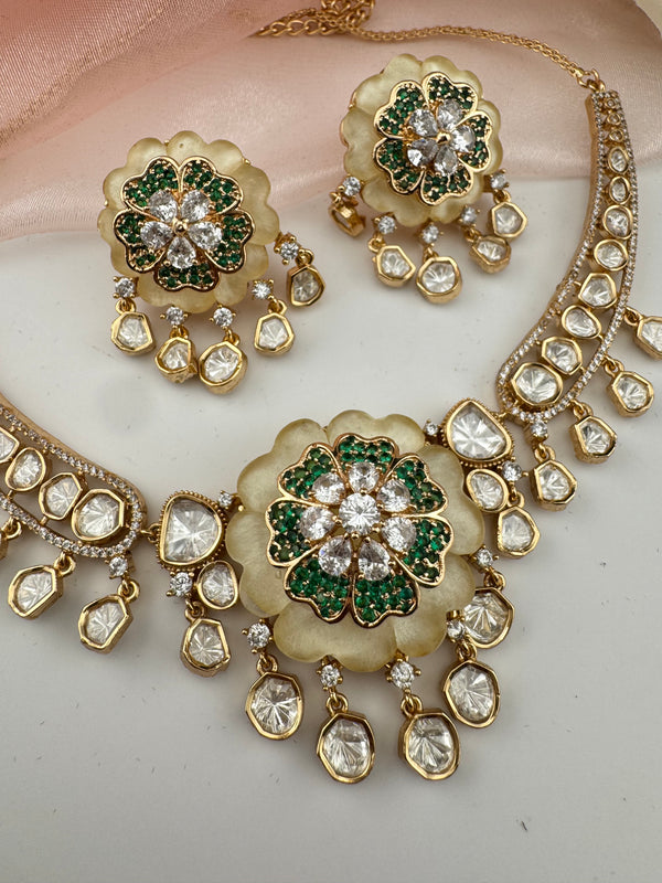 Kundan, Moissanite, MOP, CZ Flexible Gold necklace set, Indian Bridal Jewelry