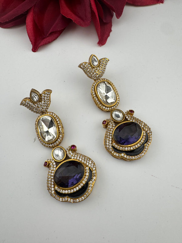 Kundan, CZ, Gold, Doublet Stone Chandelier Long Earrings, Bridal, Moissanite, CZ, Designer jewelry