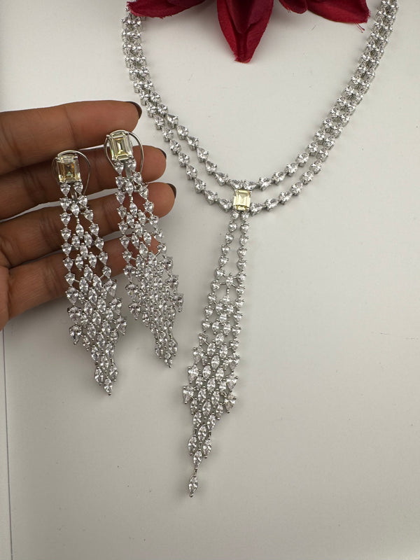 Crystals and CZ Diamond Statement double Layered Necklace Set, White Gold Plated Choker set