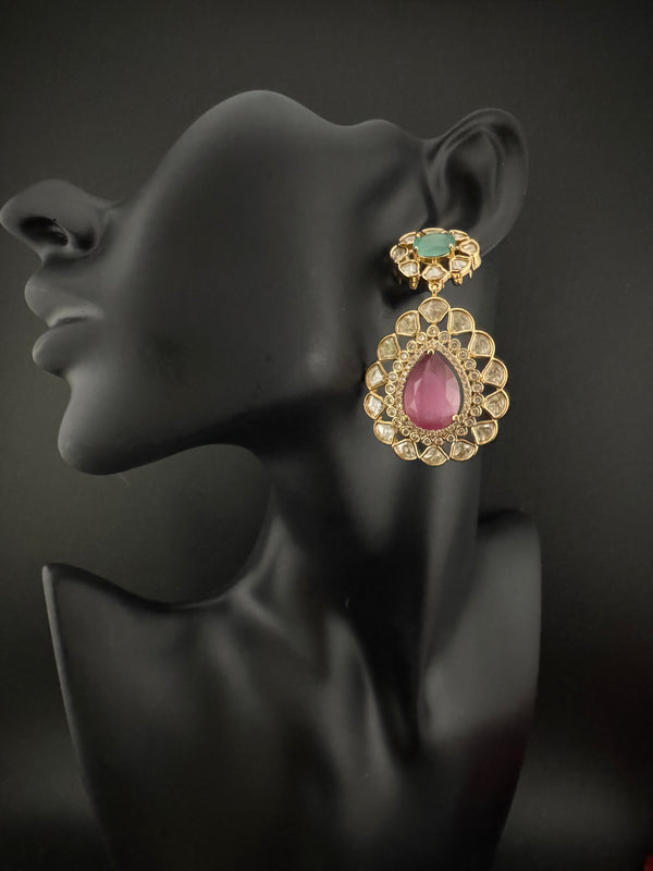 Pink and Green Kundan, CZ, Chandbali Earrings, High shine, Bridal, Moissanite, Tyaani inspired Designer jewelry