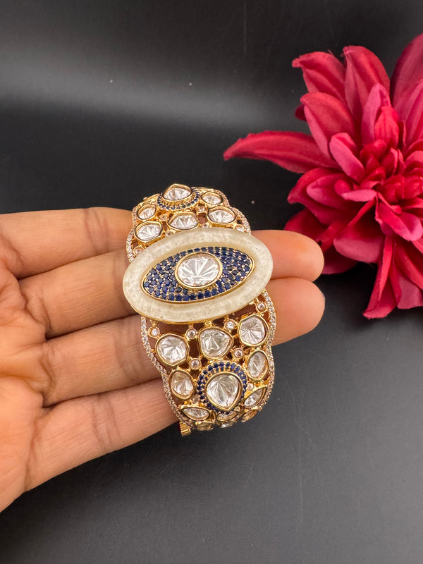 Moissanite Kundan, MOP, CZ Adjustable Bracelet Bangle, Gold Polish Designer Bangle