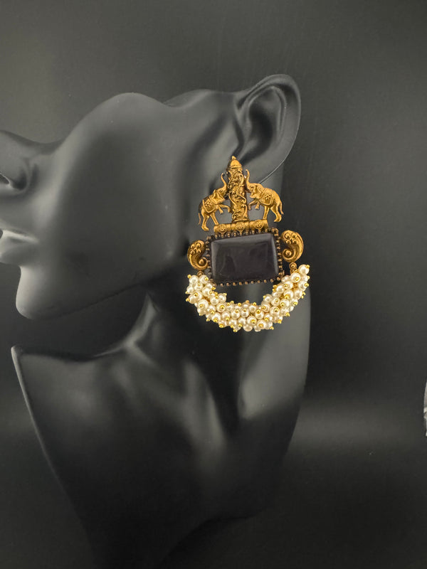 Amrapali inspired Matt Gold, Stone, pearls, Chandbali Earrings, designer jewelry