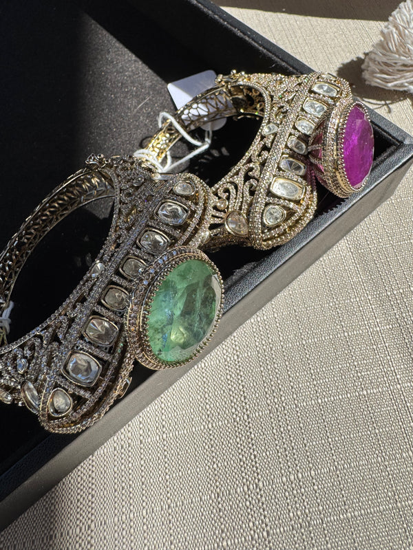 Moissanite Kundan, CZ, Doublet Stone, Openable Designer Bracelet Bangle, Gold Polish (Fits 2.6" wrists)