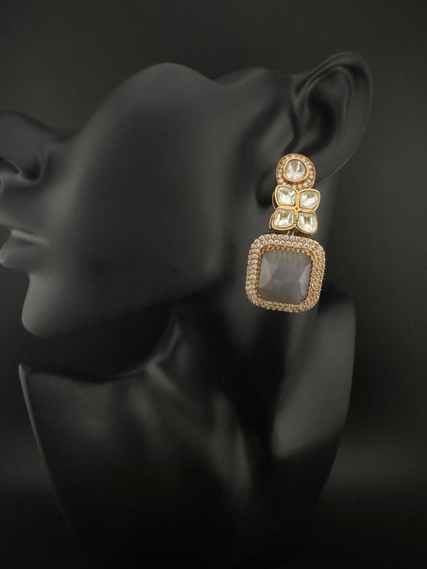 Gray and Gold Kundan, Stone Chandelier Drop Earrings, Bridal, Moissanite, CZ, Designer jewelry