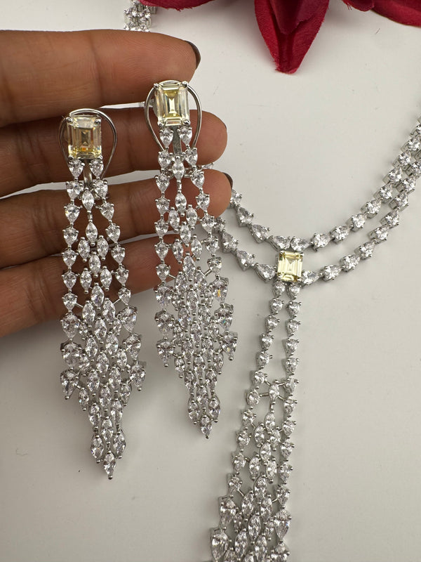 Crystals and CZ Diamond Statement double Layered Necklace Set, White Gold Plated Choker set