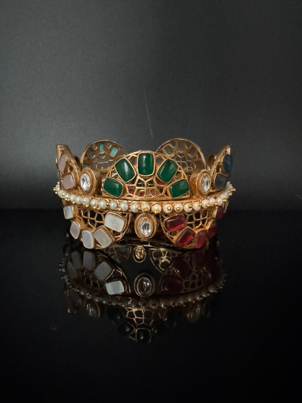 Kundan, CZ, colorful stones Bracelet Bangle, Gold Polish Bangle (Fits 2.6" Diameter)