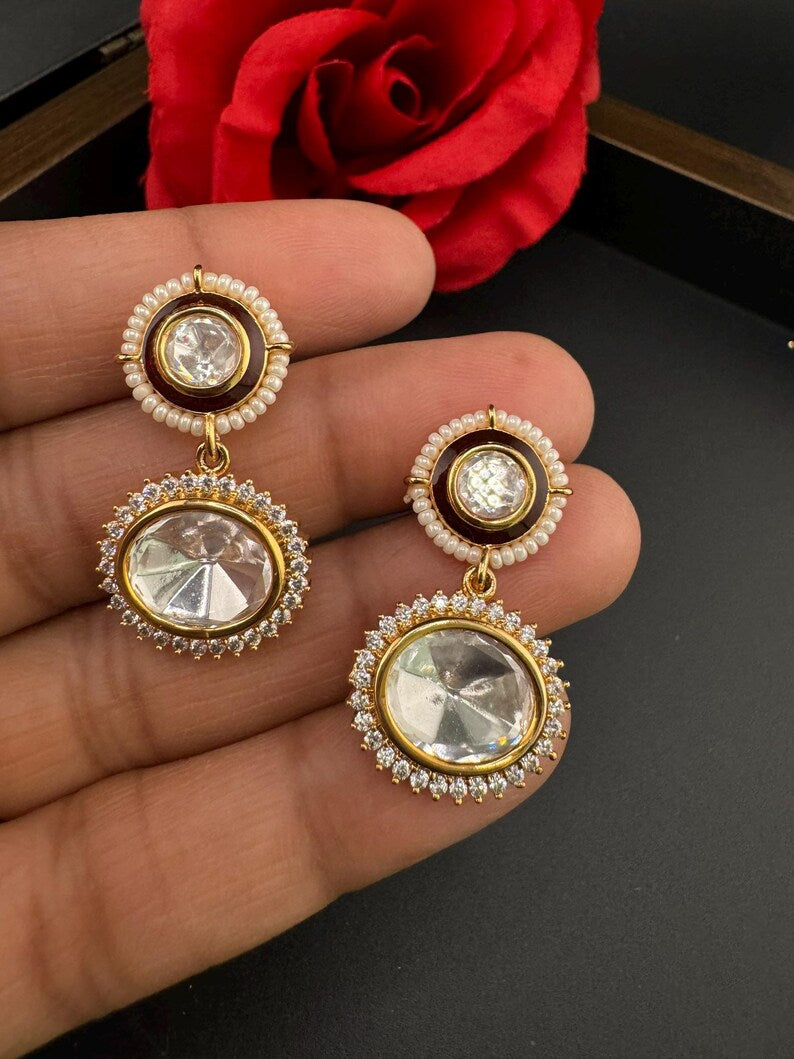 Premium Drop earring with uncut Kundan, CZ, pearls is Tyaani inspired Earrings