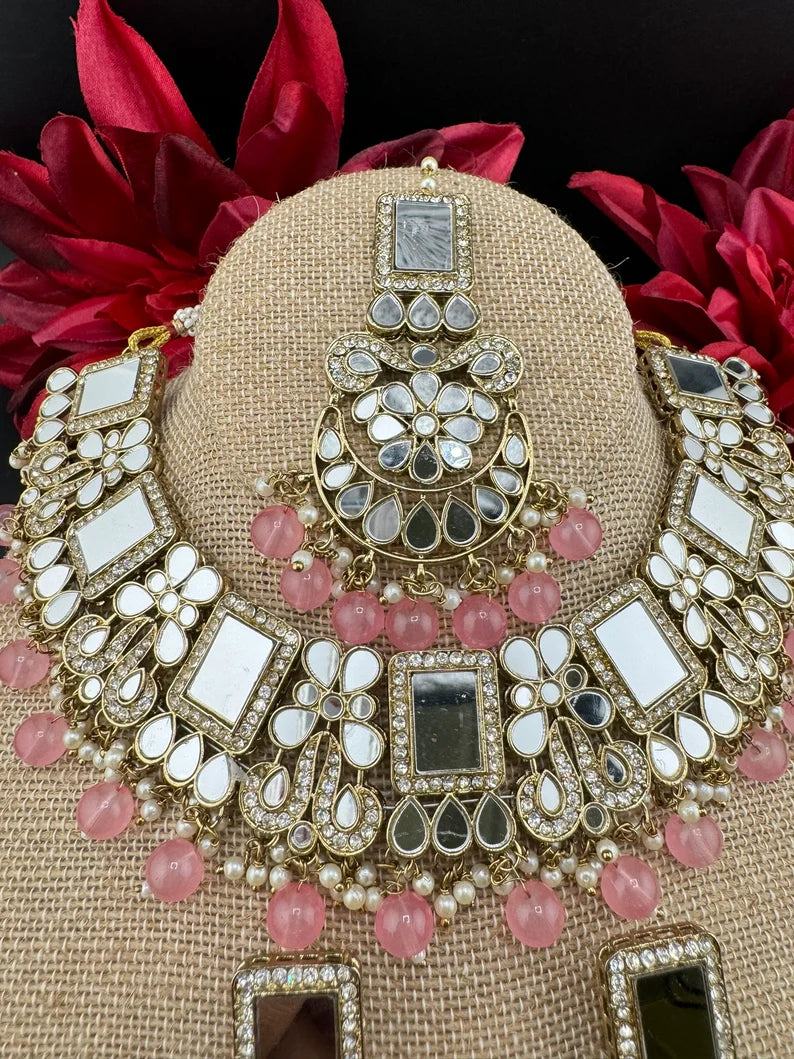 Mirror and pink pearls Necklace set with long earring and Tika