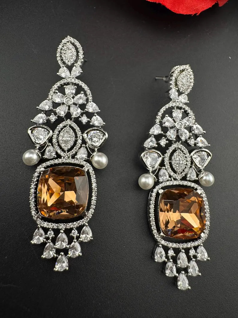 Champagne Cubic Zirconia Chandelier Long earrings with Pearls and Crystals