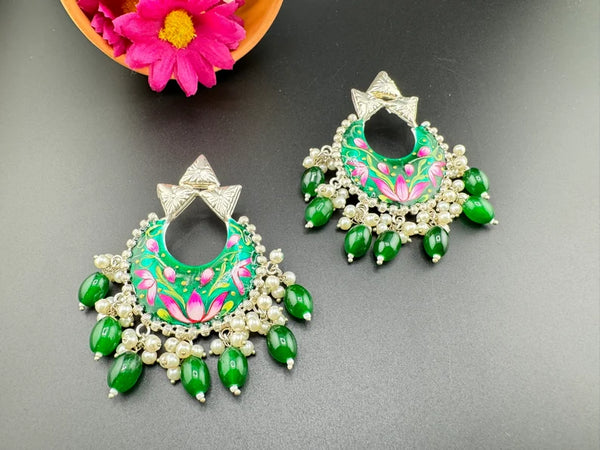 High Polish Minakari Oxidized German silver Chand Bali, Emerald Green