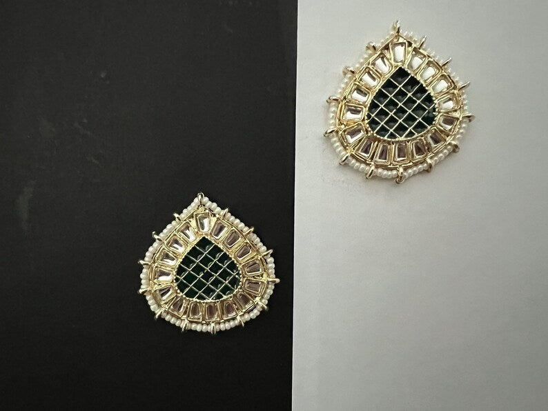 Green Gold Minakari Pearls and kundan Studs earrings