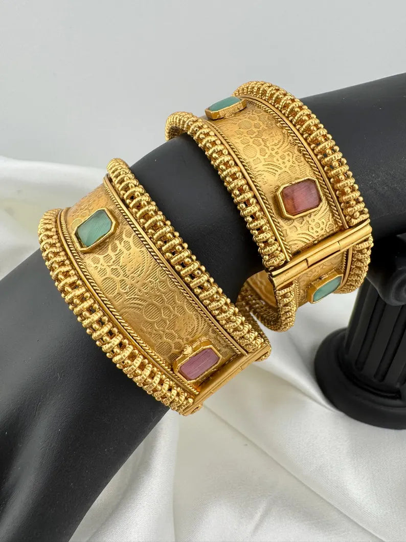Amrapali inspired Designer Openable Broad bangle in Matt Gold finish set of 2