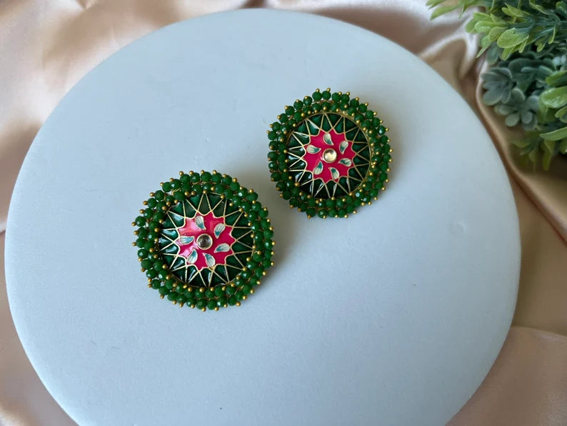 Big Stud Earrings with Green beads and Minakari