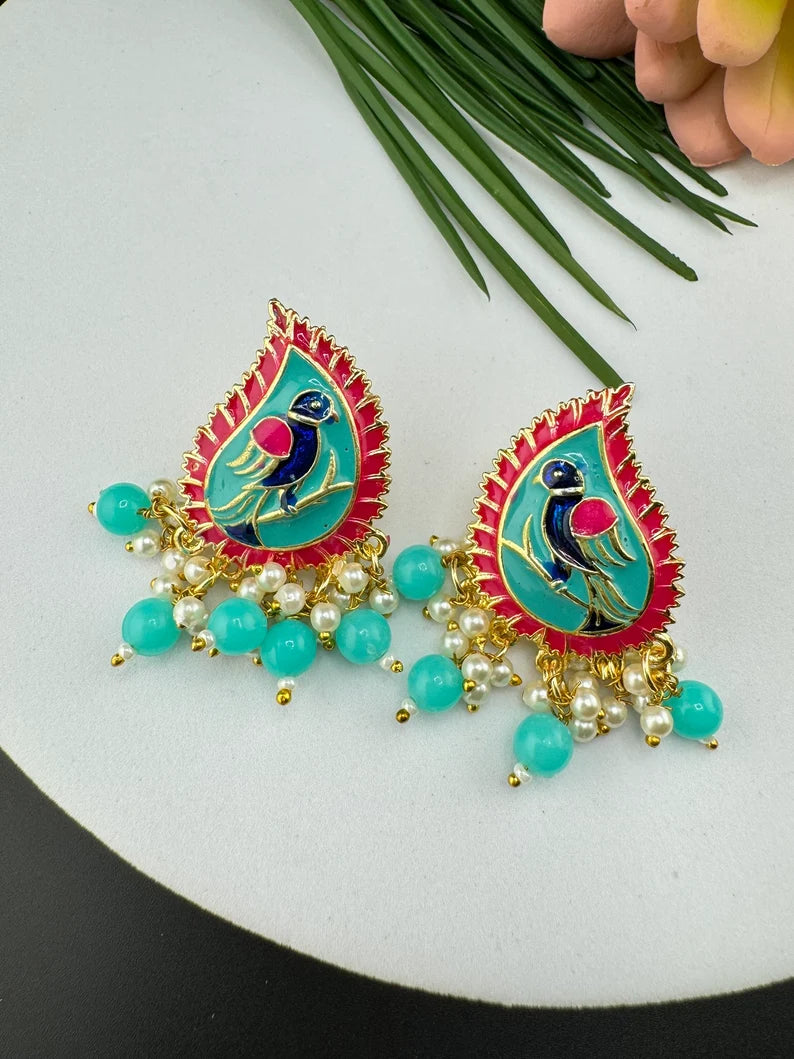 Minakari Small Stud with peacock design and pearls, Minakari detailed Gold earring