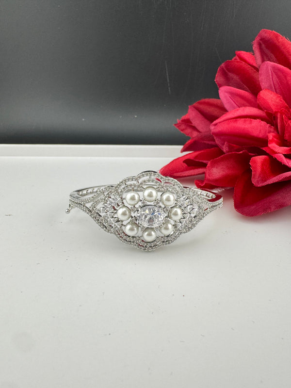 Openable Designer bracelet with Pearls, crystal stones, CZ Nano setting, Fits size upto 2.6"