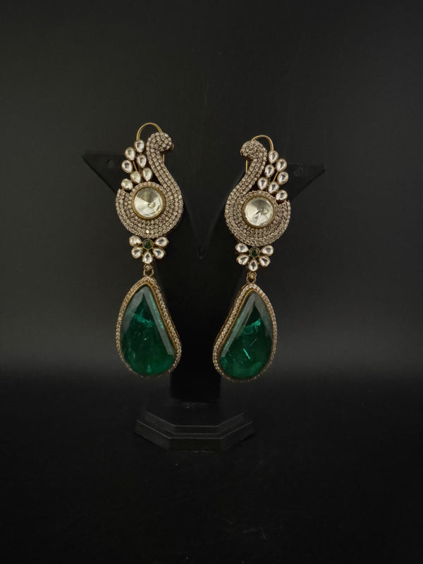 Kundan, CZ, Gold, Doublet Stone Chandelier Long Earrings, Bridal, Moissanite, CZ, Peacock Designer jewelry