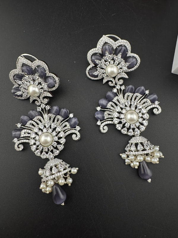 Premium Cubic Zirconia Pearl Chandelier Long earrings is designer Inspired, Statement Long Big earring, Bridal, Party, Wedding jewelry,