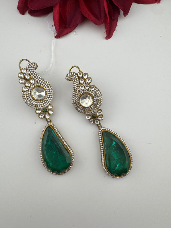 Kundan, CZ, Gold, Doublet Stone Chandelier Long Earrings, Bridal, Moissanite, CZ, Peacock Designer jewelry