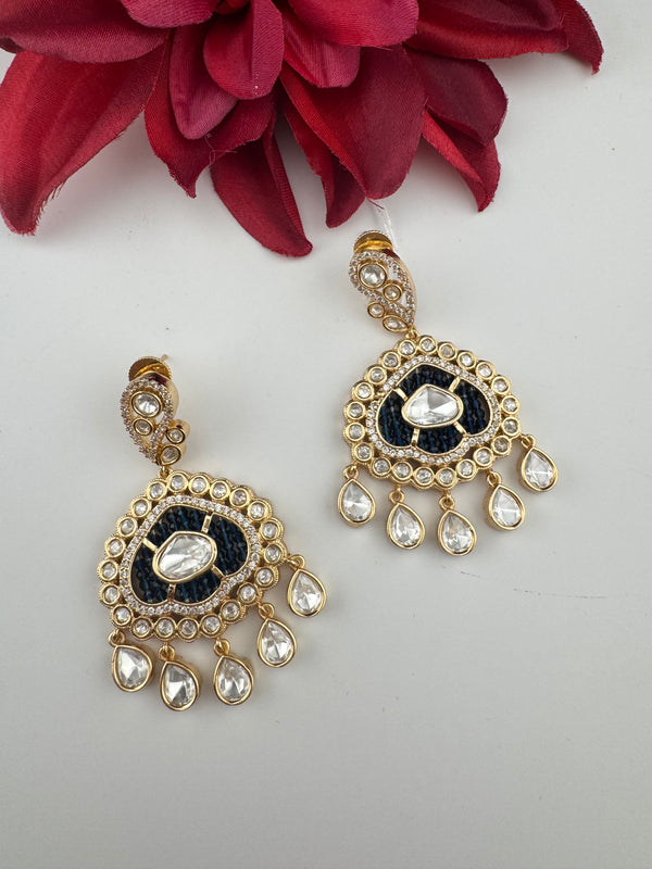 Gold and small pearls, Kundan, Cubic Zirconia Chandelier Chandbali Earrings, CZ, Designer jewelry