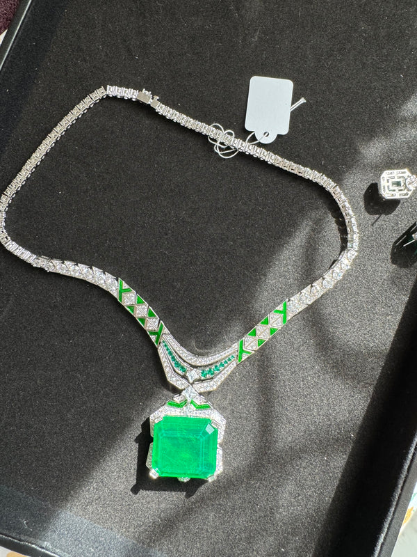 Green Doublet stone, Enamel and CZ Diamond all over Necklace Set, White Gold Plated