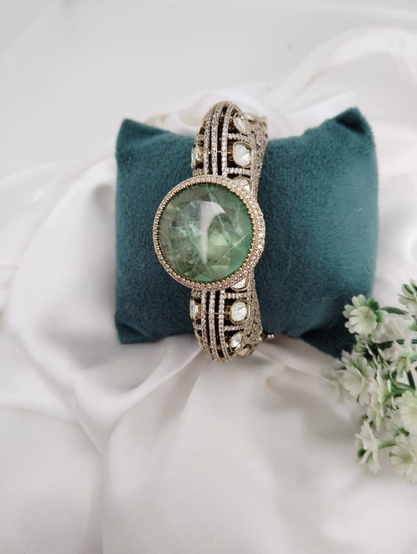 Moissanite Kundan, CZ, Doublet Stone, Openable Designer Bracelet Bangle, Gold Polish (Fits 2.6" wrists)