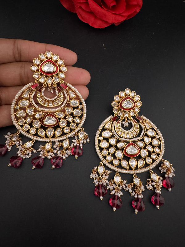 Red and Gold Kundan Chandelier Earrinngs, High shine Bridal Moissanite CZ, Shiney Gold Designer