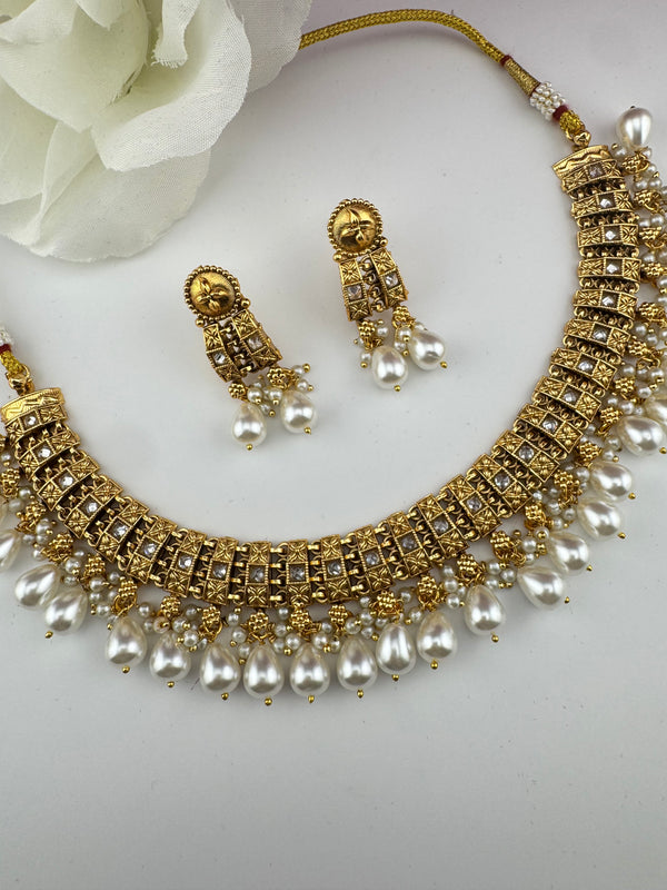 Rajwadi kundan Pearls Gold necklace set with earrings, Indian Bridal Jewelry set