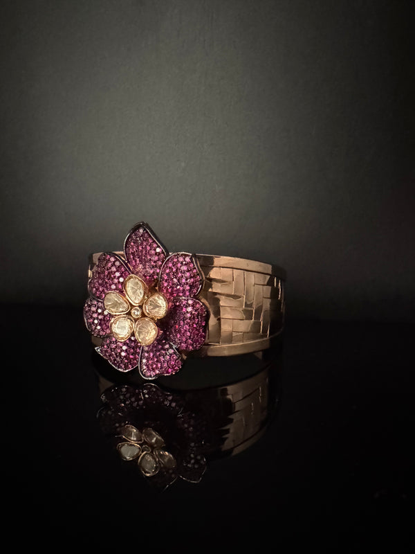Moissanite Kundan, CZ Nano Setting Cuff Bracelet Bangle, Gold Polish Bangle (Fits 2.6" Diameter)