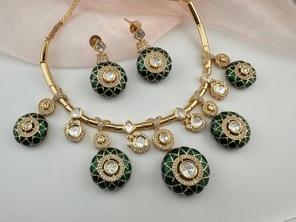 Enamel, Minakari, Kundan, CZ Gold plated Hasli necklace set, Indian Bridal Jewelry set