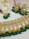 Choker necklace set with jhumka and tikka in kundan, pearls, Indian Bridal Jewelry set