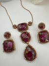 Doublet Stone Pendant Necklace Set with Matching Earrings, Brass CZ Jewelry
