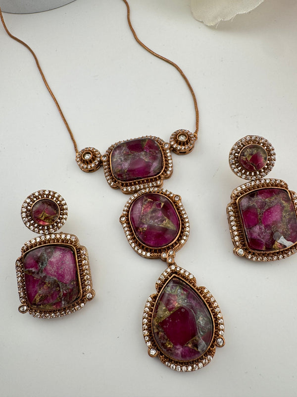 Doublet Stone Pendant Necklace Set with Matching Earrings, Brass CZ Jewelry