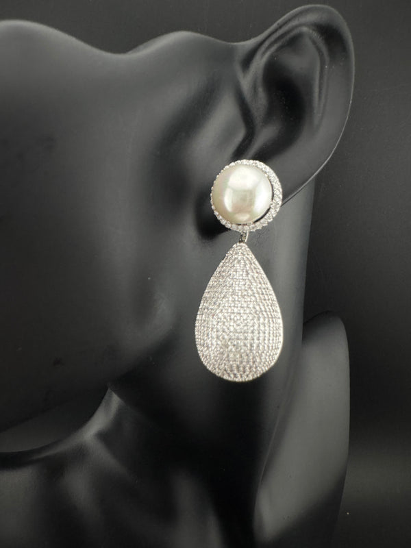 Pearl, Cubic Zirconia, Diamond nano setting, Silver 2 in 1 Dangle earrings, Indian Jewelry