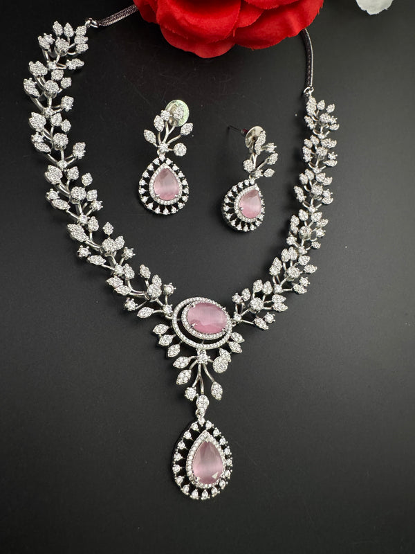 Crystal, Nano Setting CZ Diamond Statement Necklace Set, White Gold Plated Choker, nature inspired