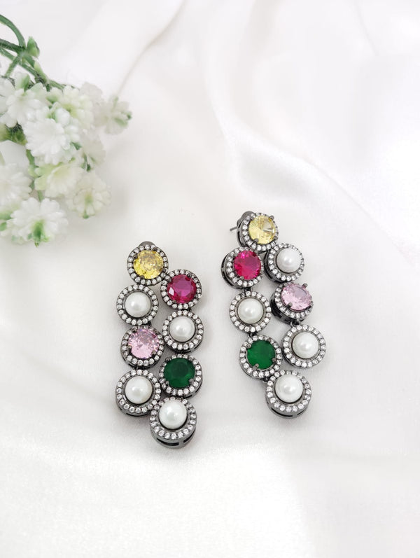 Crystal Stone, pearls dangle, Victorian Earrings, Cubic Zirconia, AD, CZ, Indian Jewelry