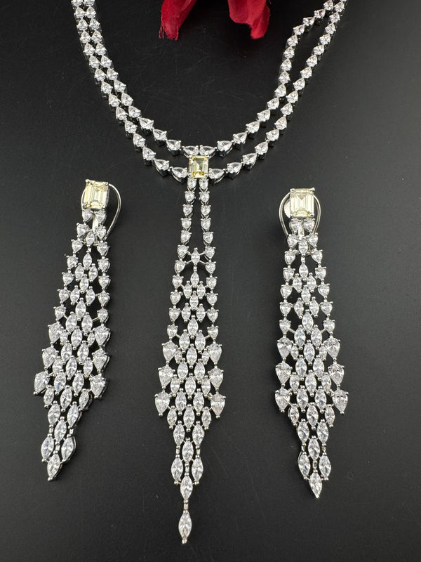Crystals and CZ Diamond Statement double Layered Necklace Set, White Gold Plated Choker set