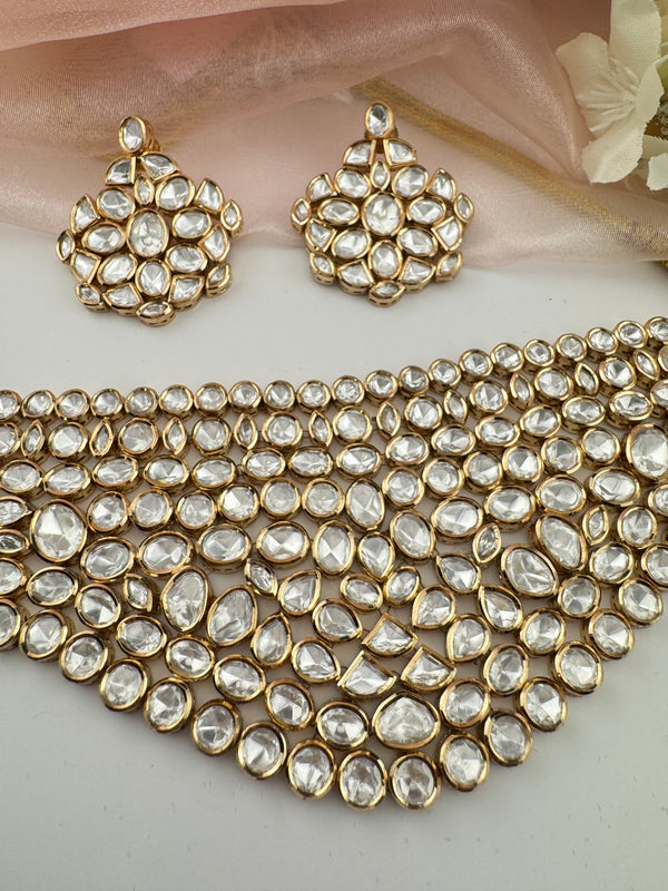 Kundan, Moissanite, CZFlexible Gold Bridal necklace set, Indian Bridal Jewelry