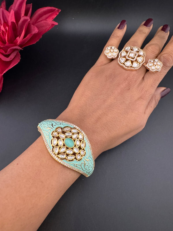 Moissanite Kundan, Enamel, CZ Openable Bracelet Bangle, Gold Polish (Fits 2.6" wrists)