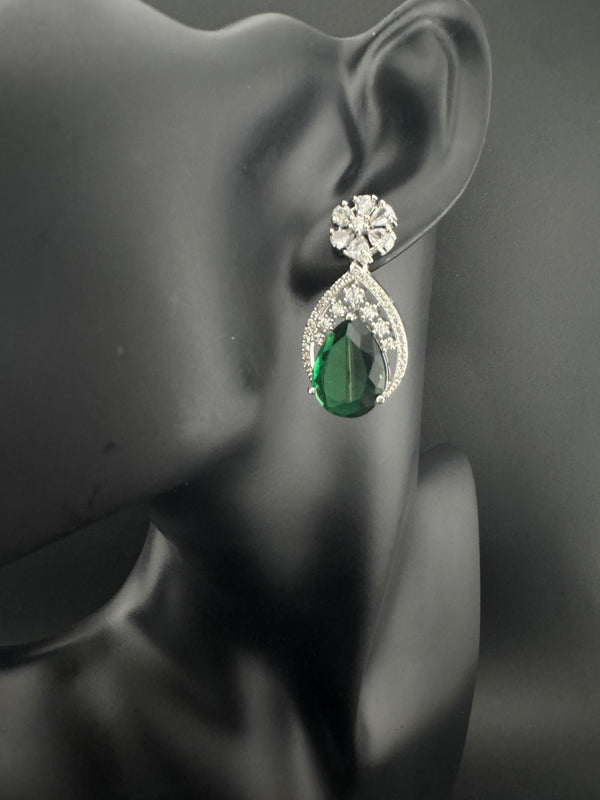 Cubic Zirconia, Diamond, stone, Silver Polish Designer inspired Dangle Drop earrings, Indian Jewelry