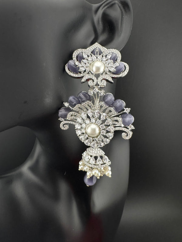 Premium Cubic Zirconia Pearl Chandelier Long earrings is designer Inspired, Statement Long Big earring, Bridal, Party, Wedding jewelry,